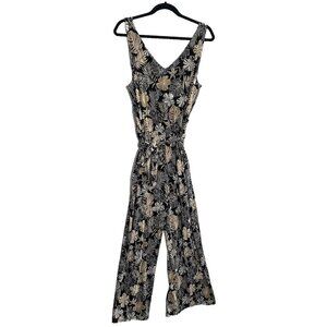 J JILL Wearever Women Plant Leaf Jumpsuit Wide Leg Sz MP Black Tan Gold 52-25